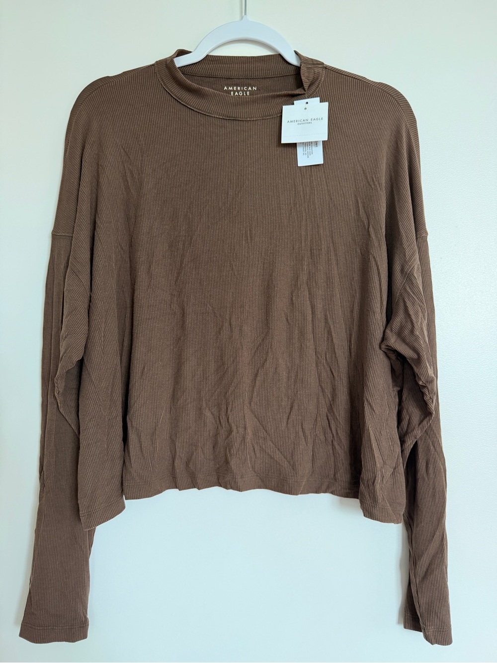 American Eagle Outfitters Women's Brownish Green Long-Sleeve Ribbed Top